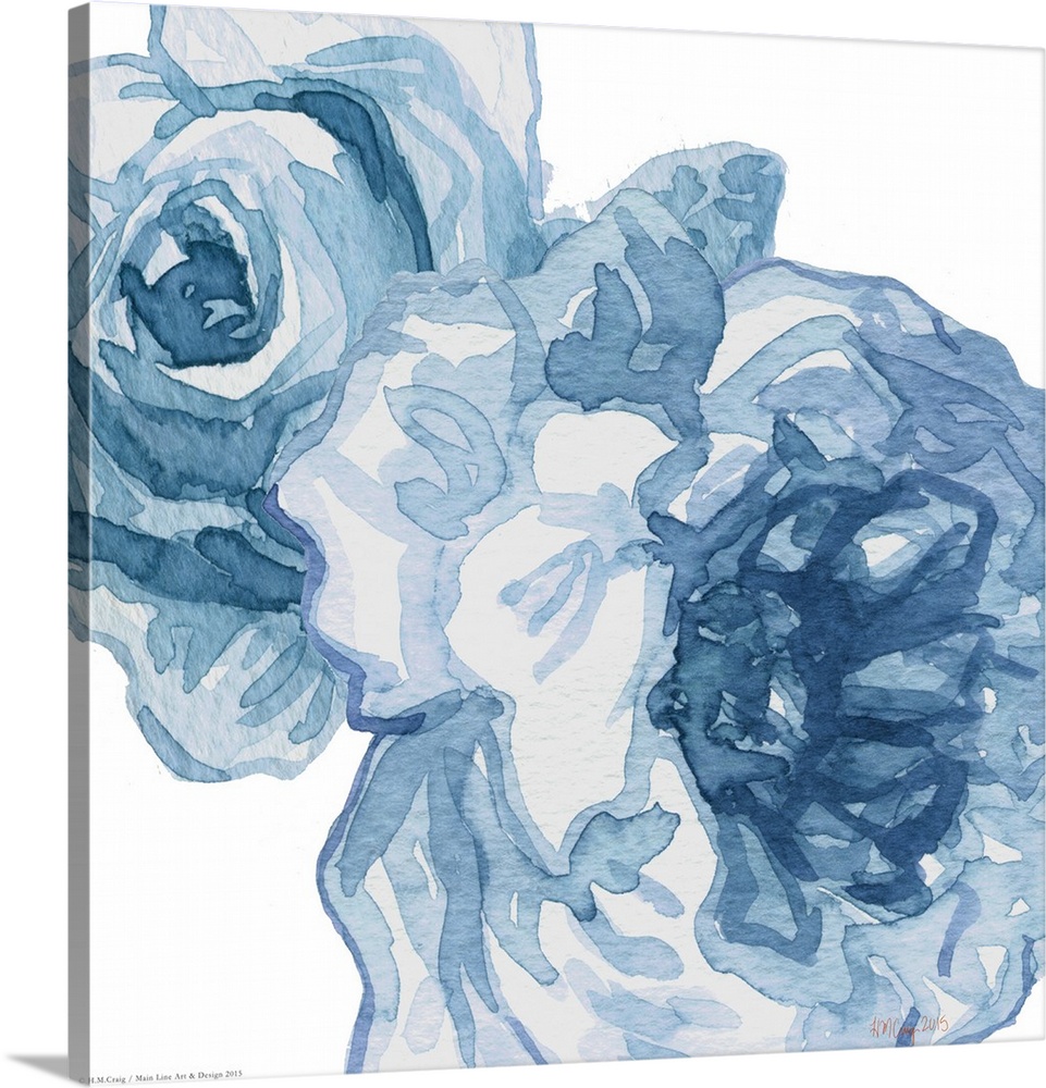 Watercolor painting of two flowers in shades of blue.