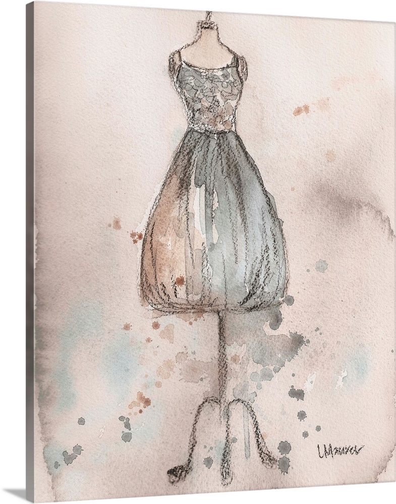 Watercolor painting of a tan and grey dress on a dress form.