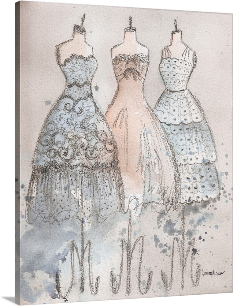 Watercolor painting of three elegant gowns with lots of lace and details.