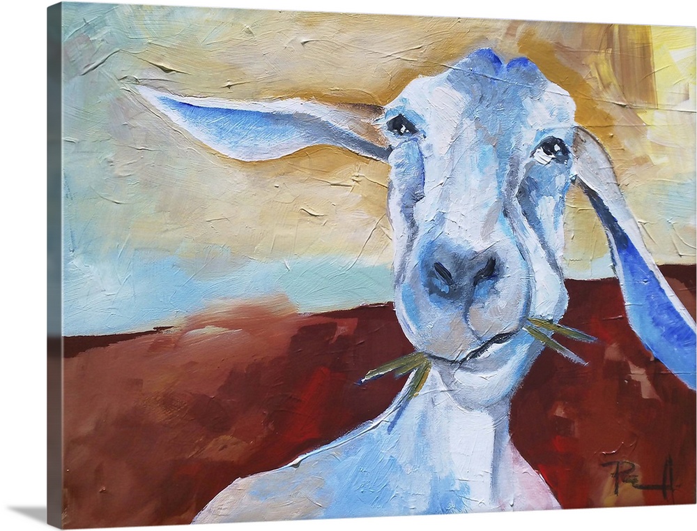 Painting of a goat chewing on some grass.