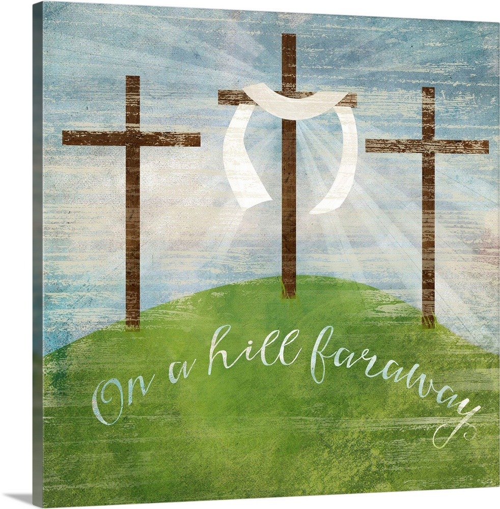 Easter-themed illustration of three crosses on a hill.