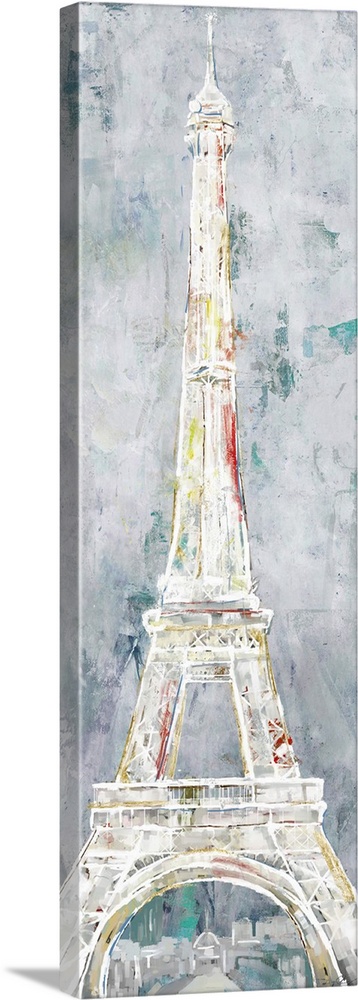 A long vertical painting of the Eiffel Tower in Paris, done in textured muted tones.