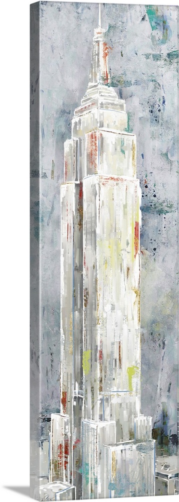A long vertical painting of the Empire State building in New York, done in textured muted tones.