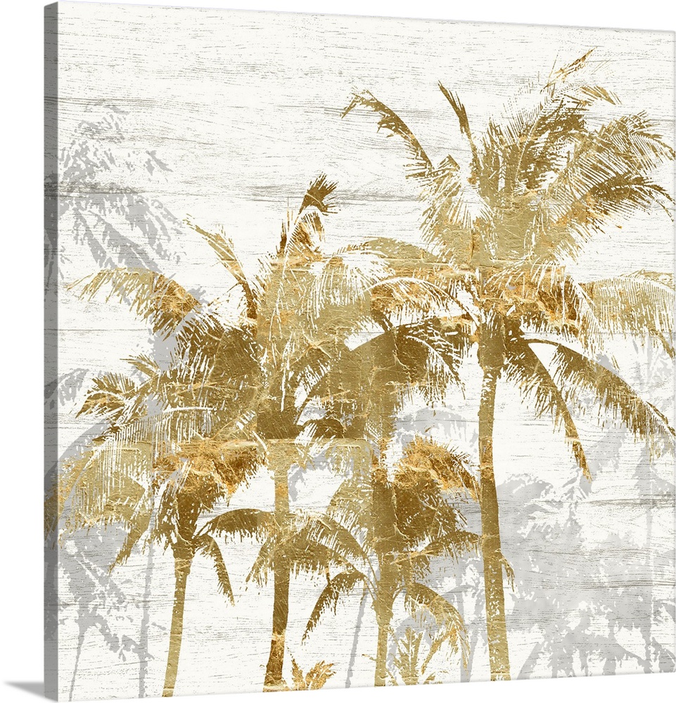 Square artwork of a group of gold palm trees with gray trees behind, on a white wood backdrop.