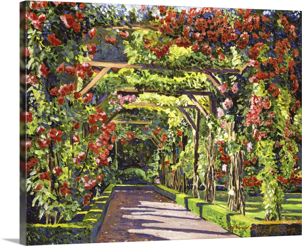 Painting of a pathway covered by trellises with blooming roses.