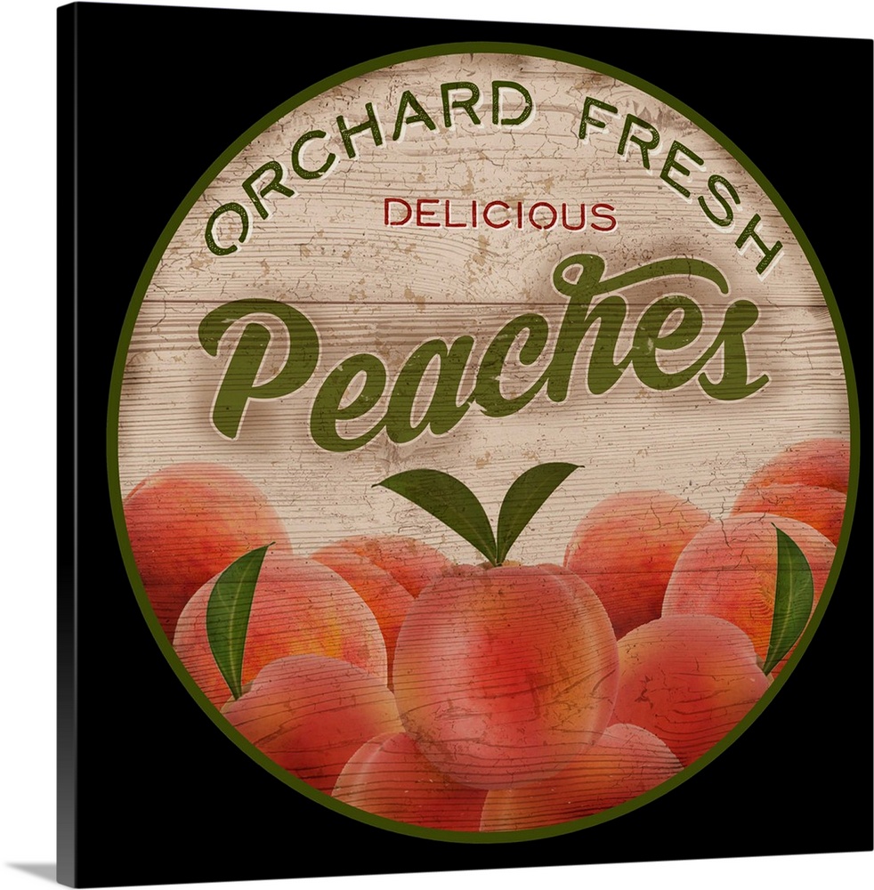 Round wooden sign for fresh peaches.