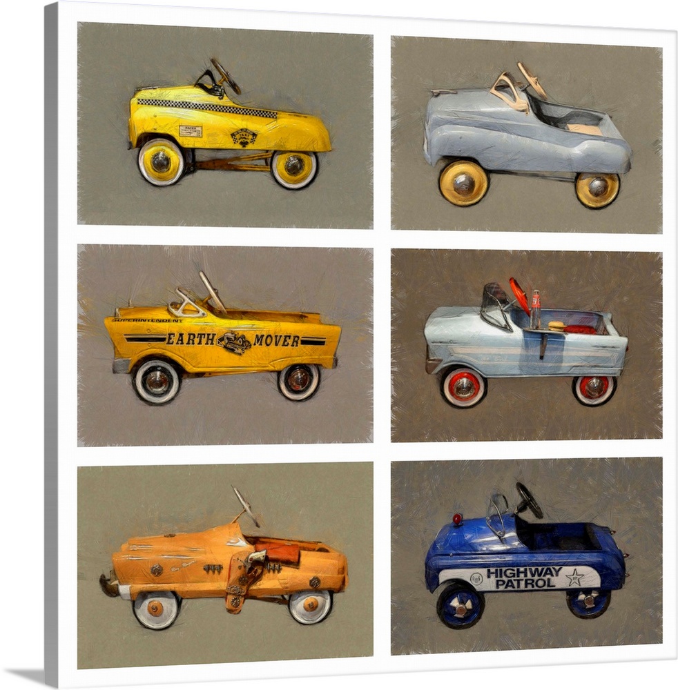 Contemporary artwork of a group of retro children's pedal cars.