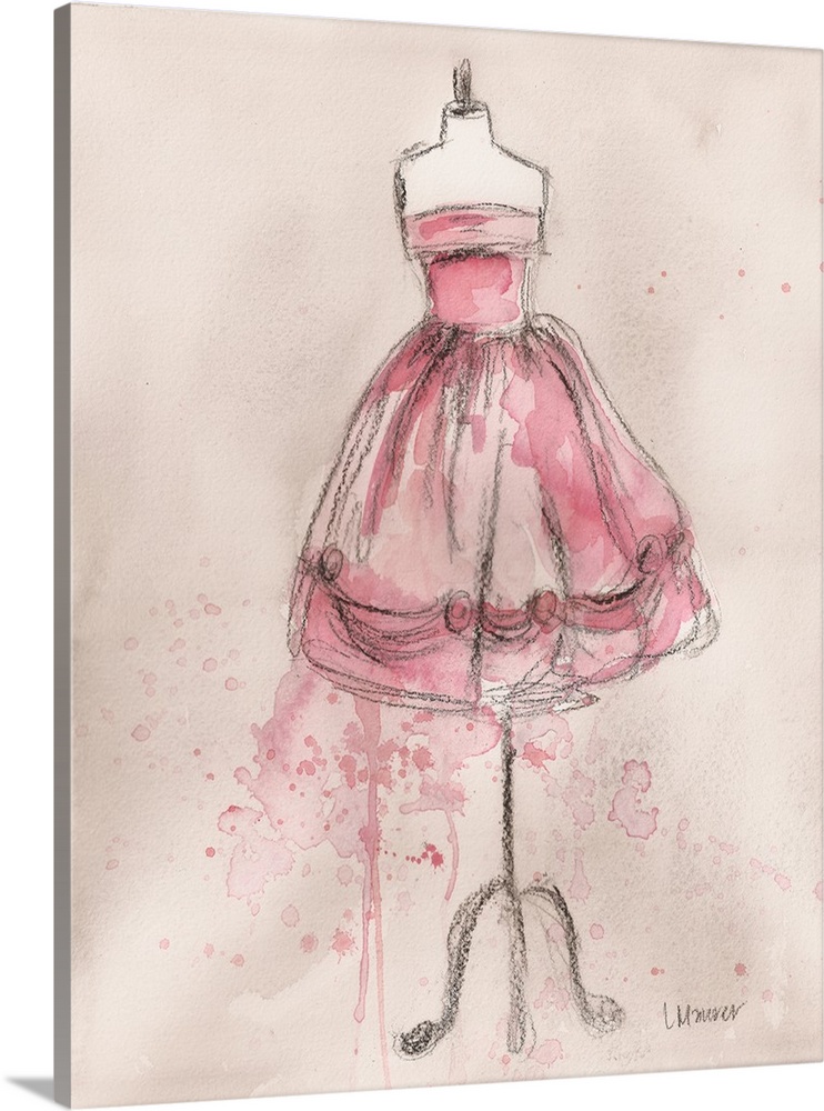 Watercolor painting of a pink dress on a dress form.