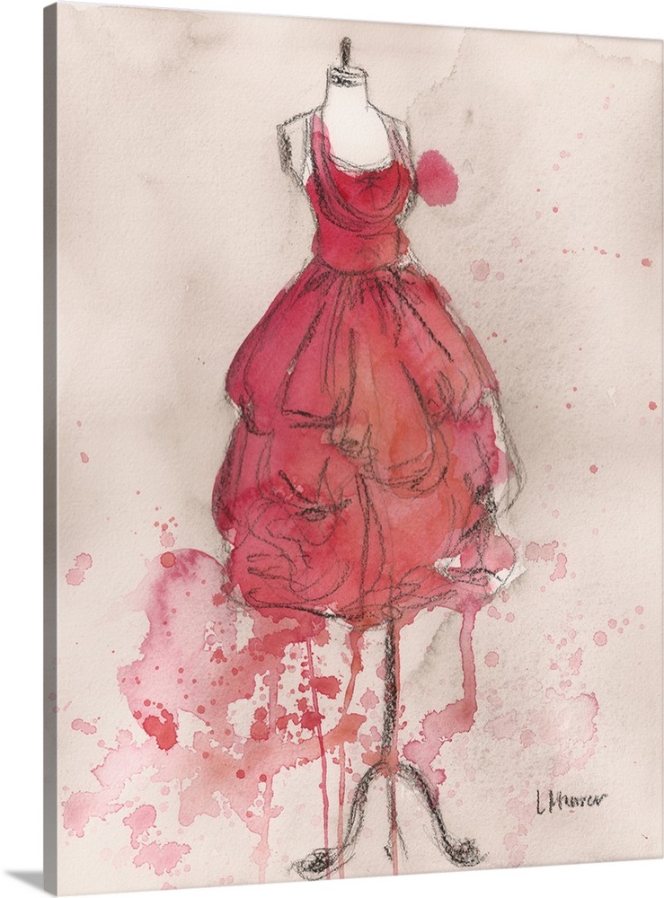 Watercolor painting of a red dress on a dress form.