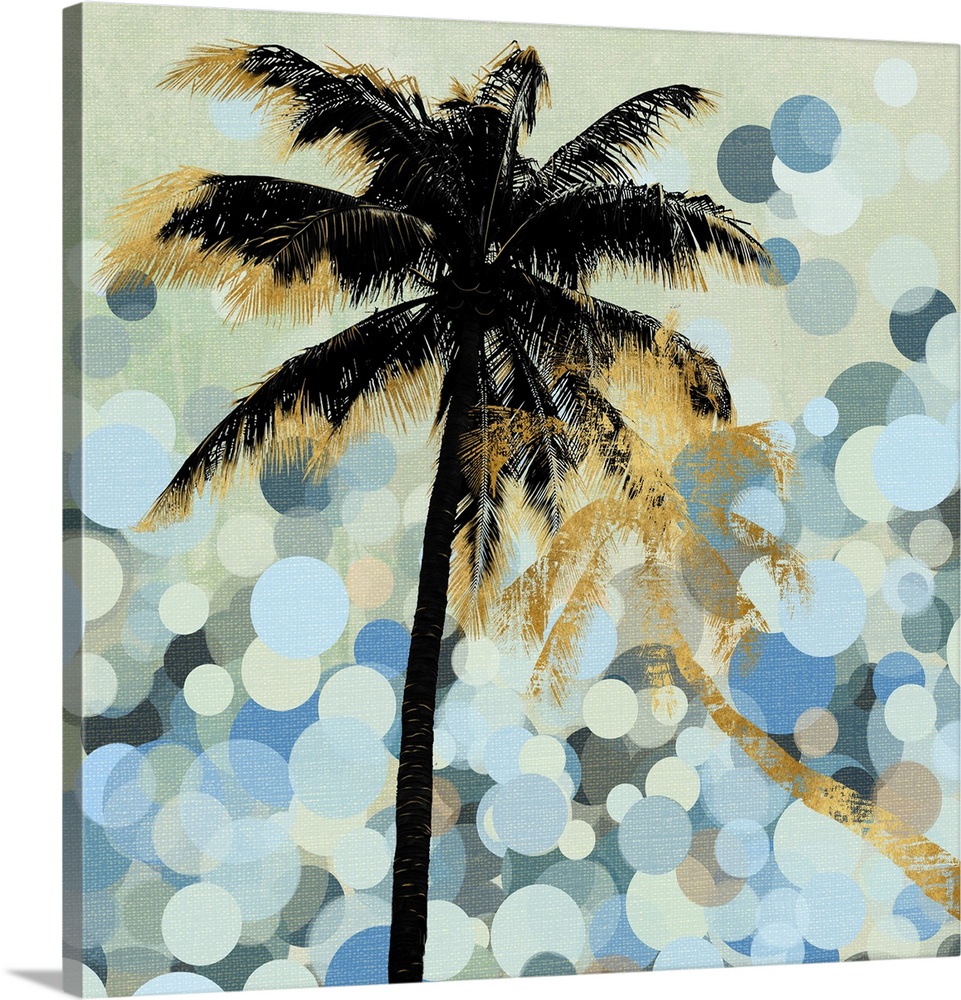 Decorative image of black and gold palm trees over multi-colored circles in varies sizes overlapping each other.