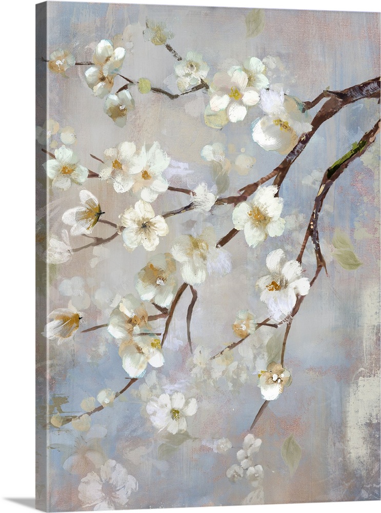 A contemporary vertical painting of a branch of white cherry blossoms against a neutral backdrop.