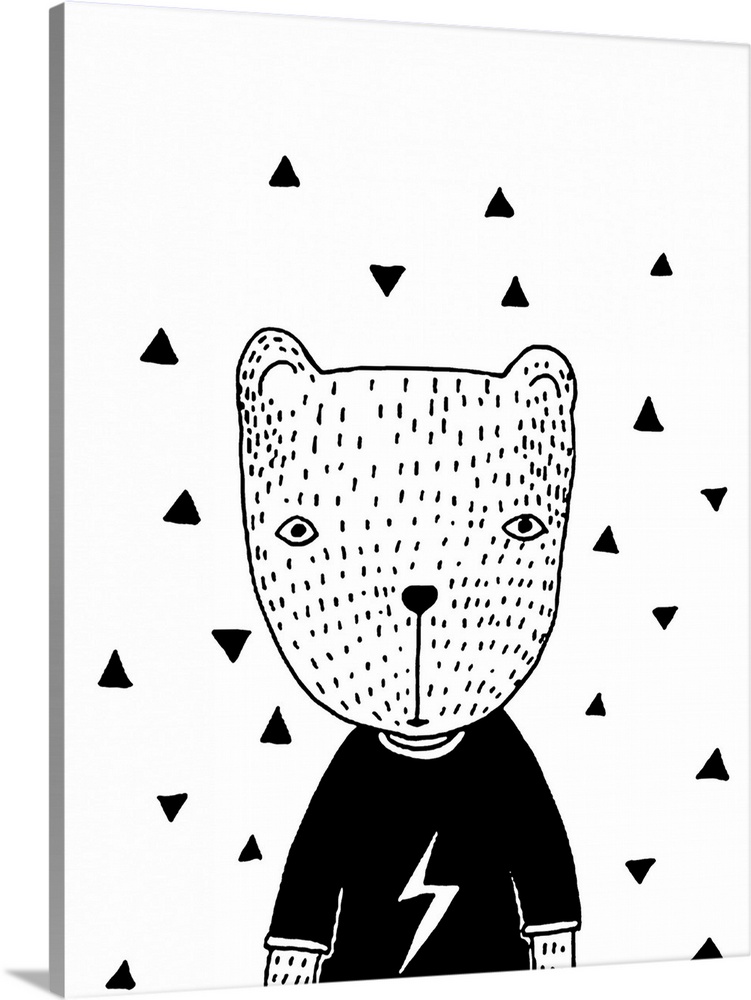 A creative black and white illustration of a bear wearing a sweater with triangle shapes on the white background.
