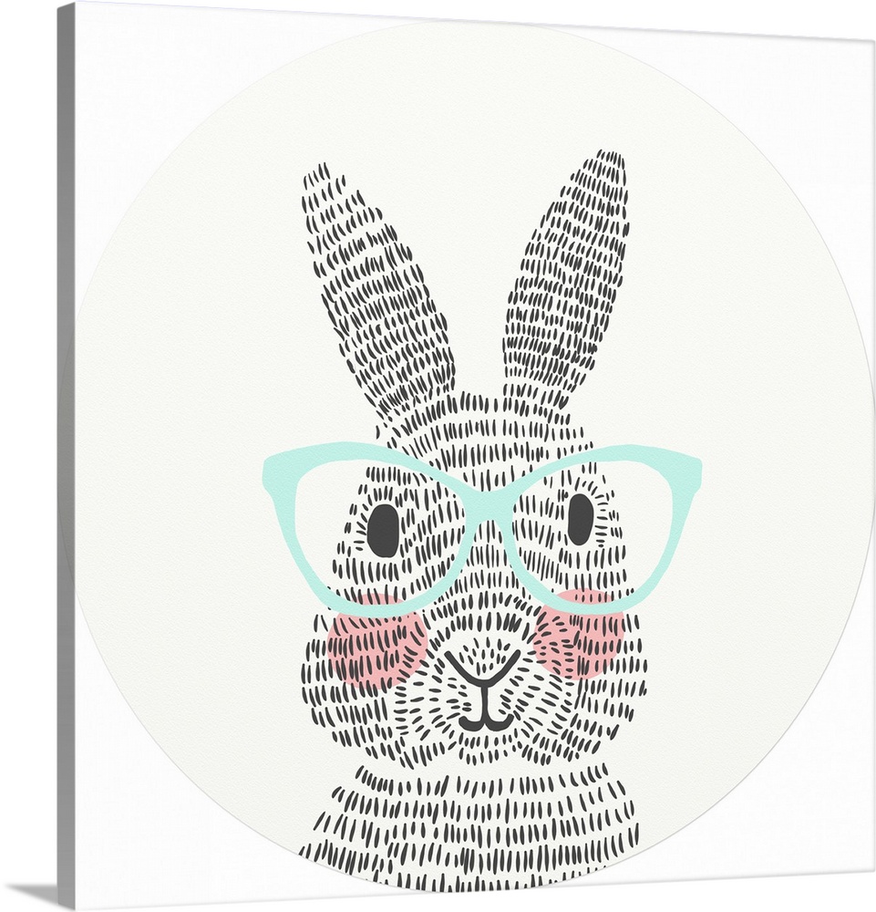 A whimsical illustration of a bunny with pink checks and teal colored eye glasses on a cream colored circle.
