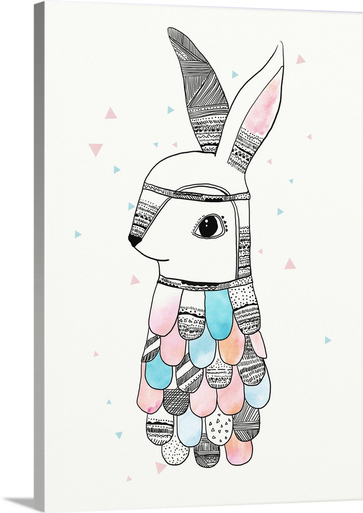 A whimsical illustration of a rabbit with patterned designs on it's ears and body with pastel color accents.