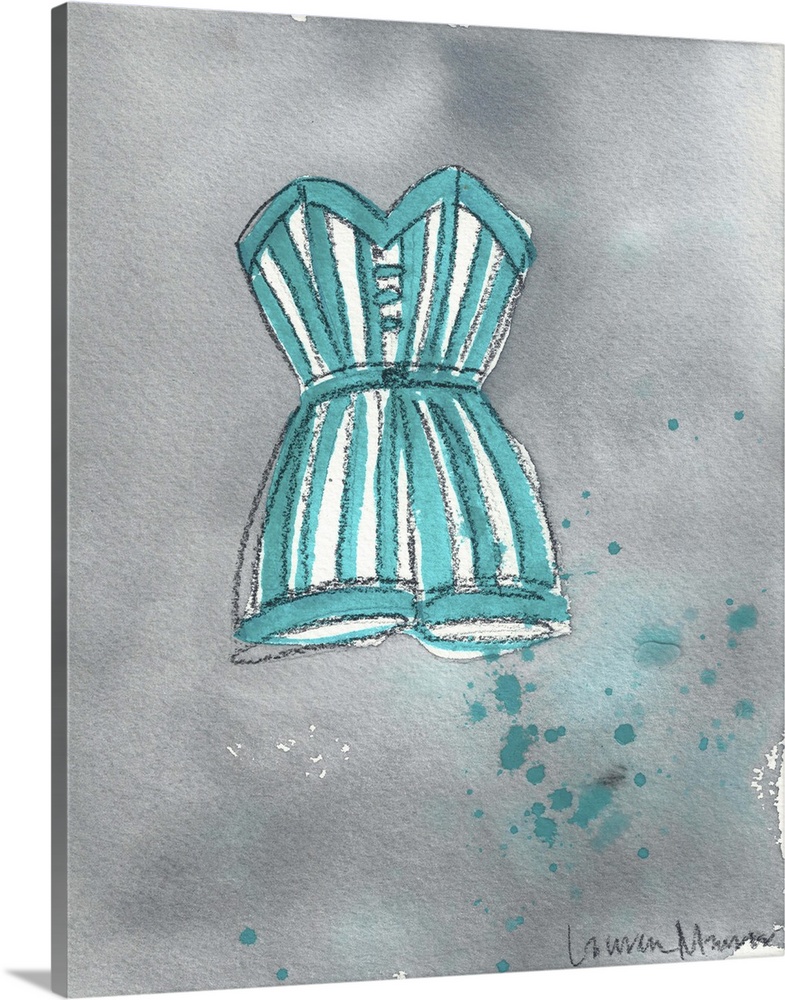 Watercolor painting of a teal striped one piece bathing suit.