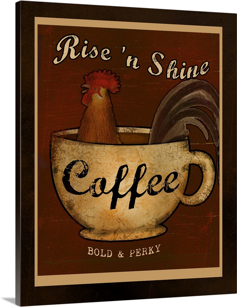 Kitchen decor of a rooster in a mug of coffee.