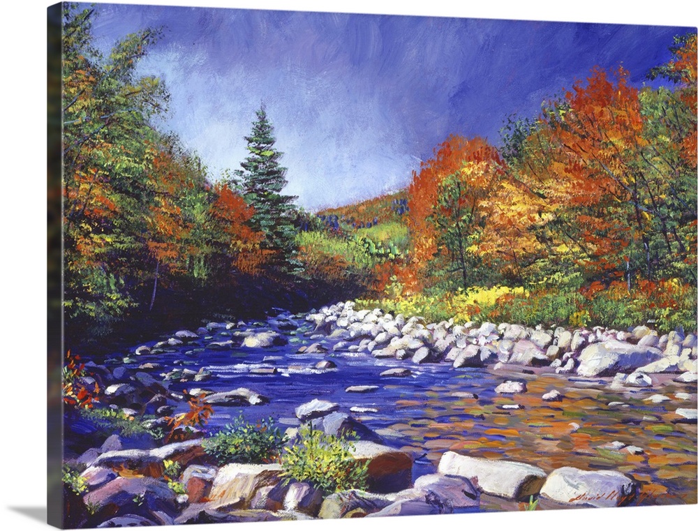 Painting of a river lined with rocks and trees turning fall colors.