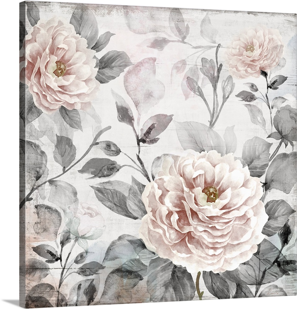 A decorative image of large light pink roses with gray leaves and a distress overlay.