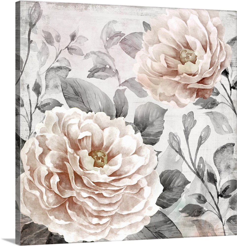 A decorative image of large light pink roses with gray leaves and a distress overlay.