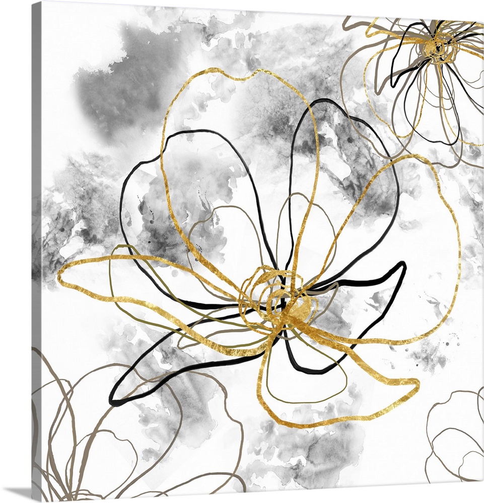 Decorative artwork of outlined flowers in black and gold with gray blurred spots on a white background.