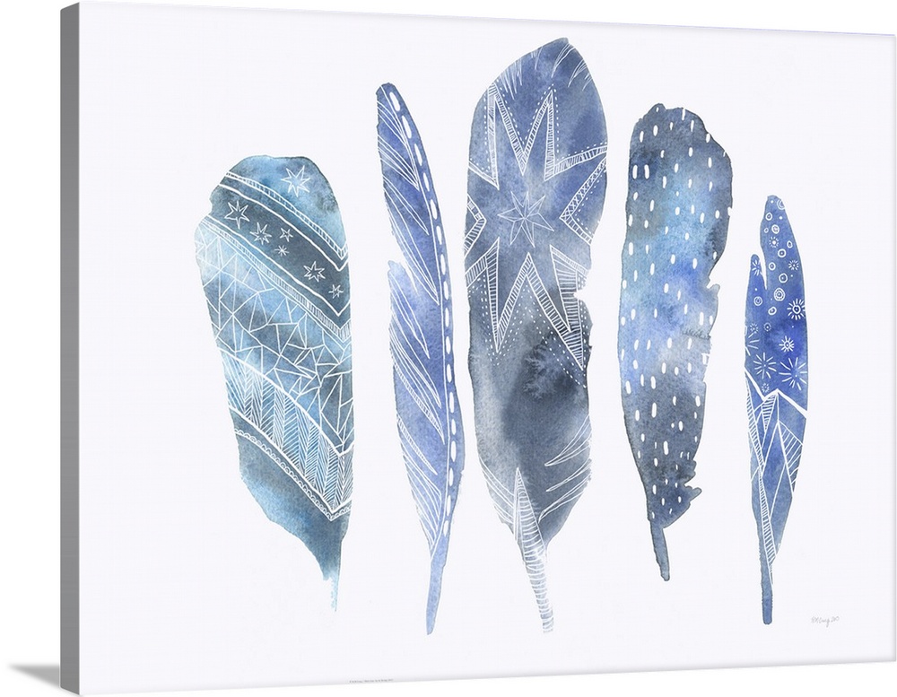 Watercolor artwork of five blue feathers with white patterns.