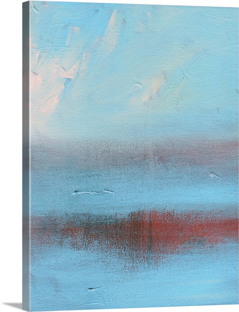 Abstract painting in shades of red and blue, resembling clouds in the sky.