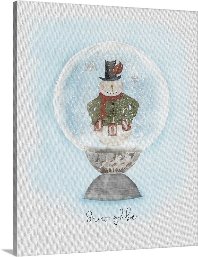 Watercolor painting of a snowman inside a snow globe.