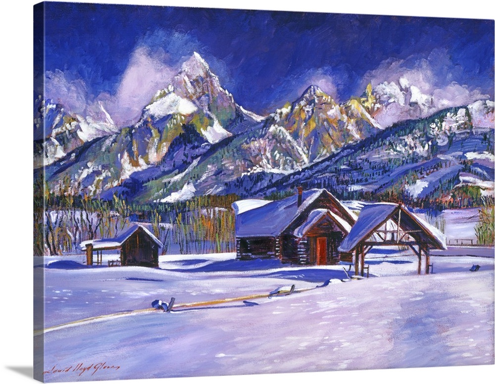 Painting of a cabin near a mountain range in a snowy landscape.