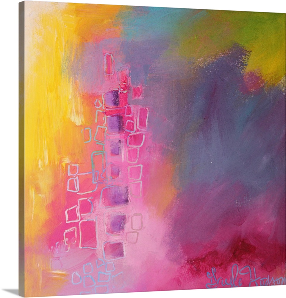 Cheerful abstract painting in pink, purple, and yellow, with organic square shapes.