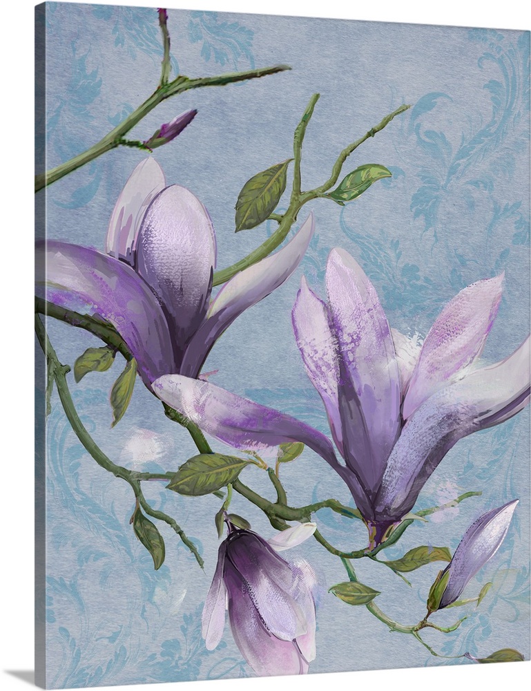 Vertical painting of lavender flowers on a floral blue background with rough strokes applied to the petals.