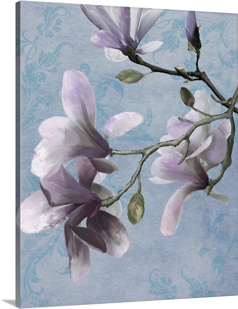 Vertical painting of lavender flowers on a floral blue background with rough strokes applied to the petals.