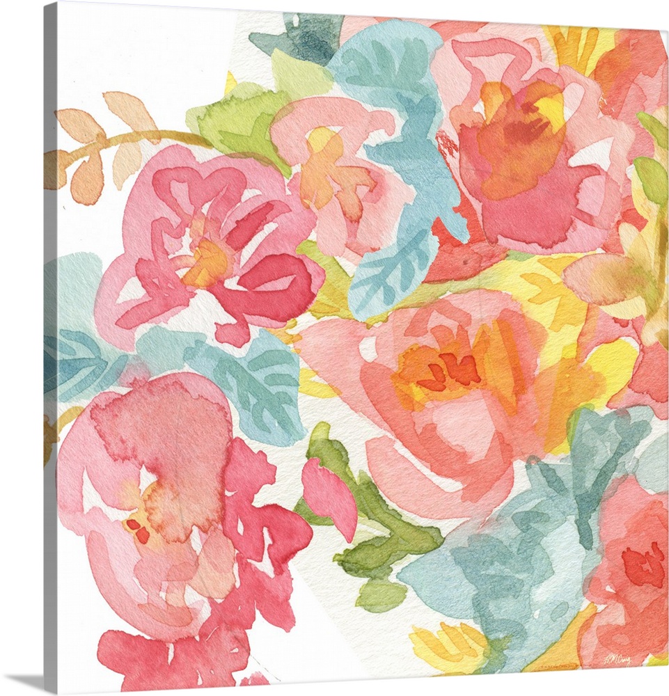 Watercolor flowers in bright pink and yellow.