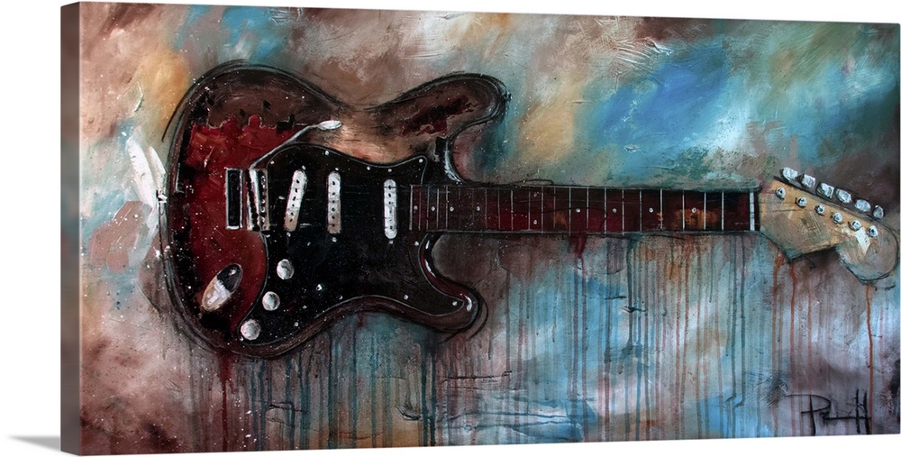 Painting of a red electric guitar on an abstract background.