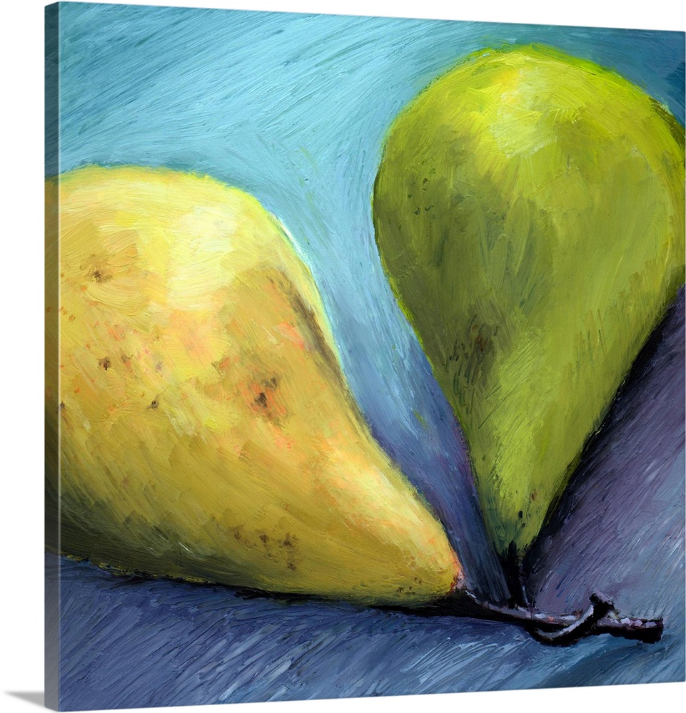 Contemporary still-life painting of fruit on a table.