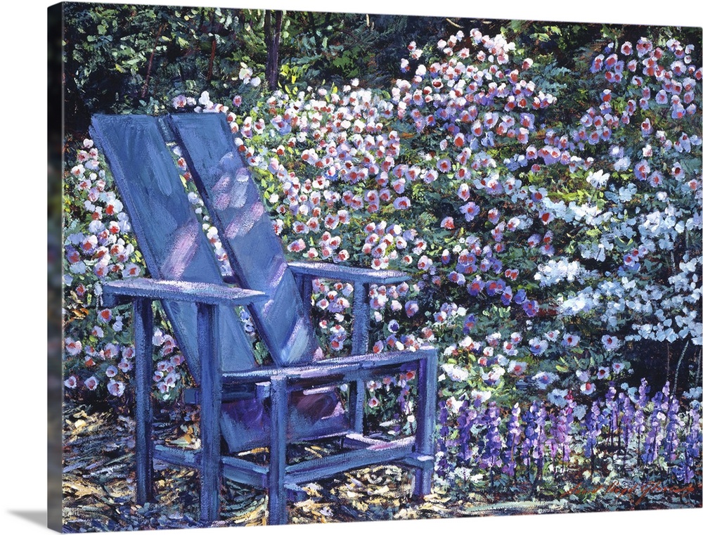 Impressionist paintng of a blue garden chair surrounded by blooming shrubs.18 x 24" acrylic on canvas
