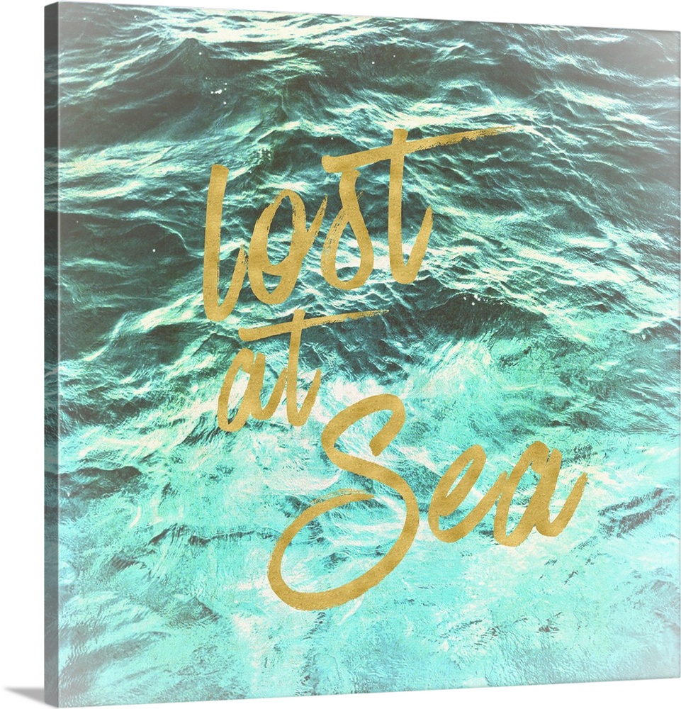 "Lost at Sea" in golden script over an image of rippling ocean waves.