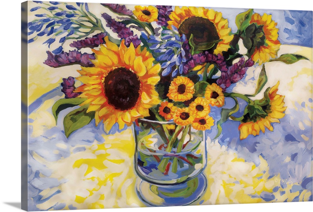 Contemporary artwork of a bouquet of sunflowers in a vase.