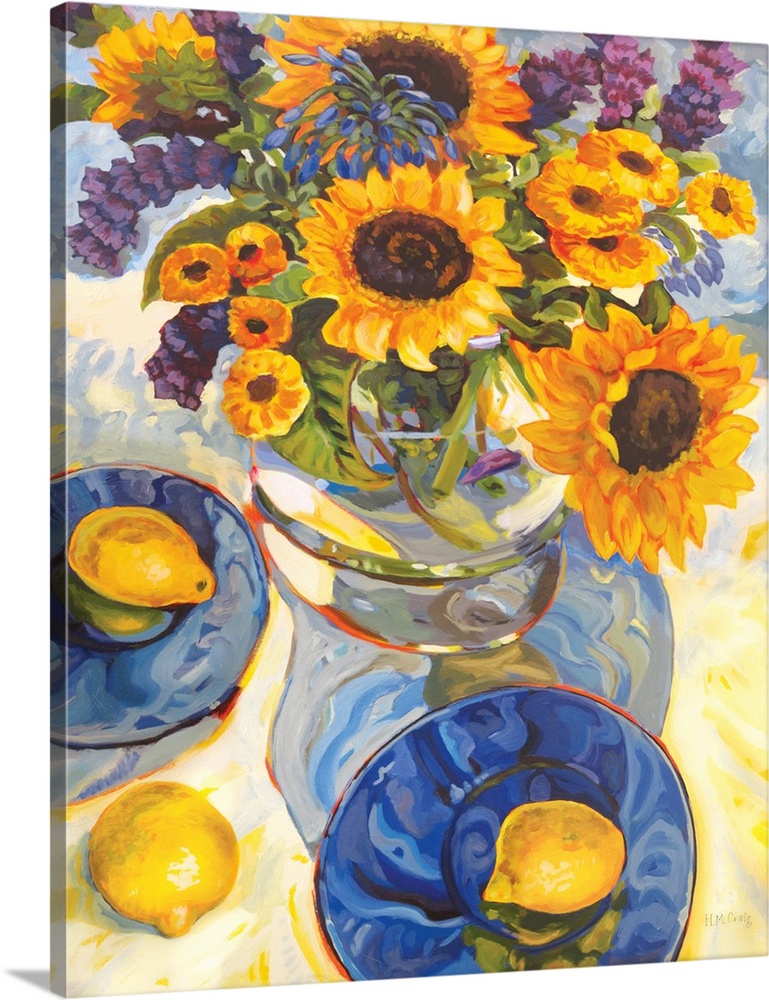 Contemporary artwork of a bouquet of sunflowers in a vase.