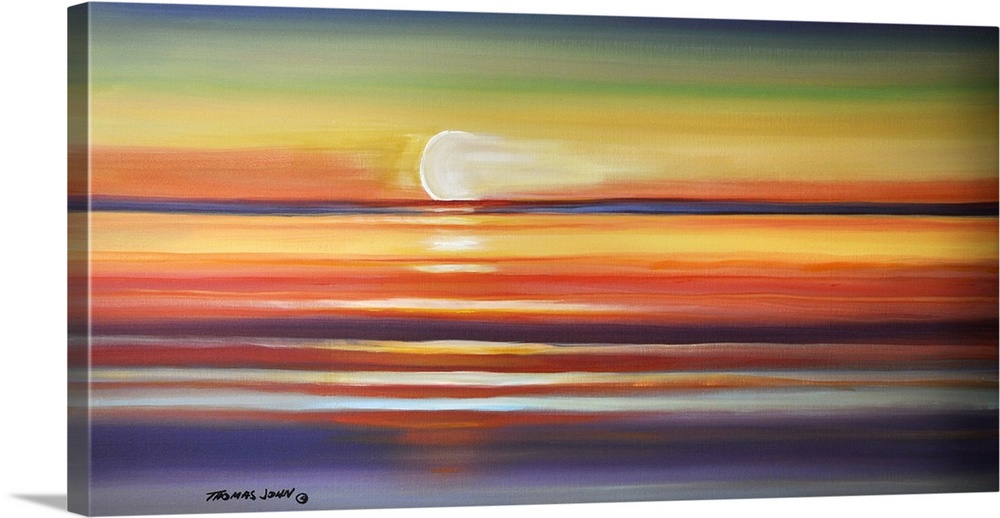 Painting of the sun setting over the calm ocean.