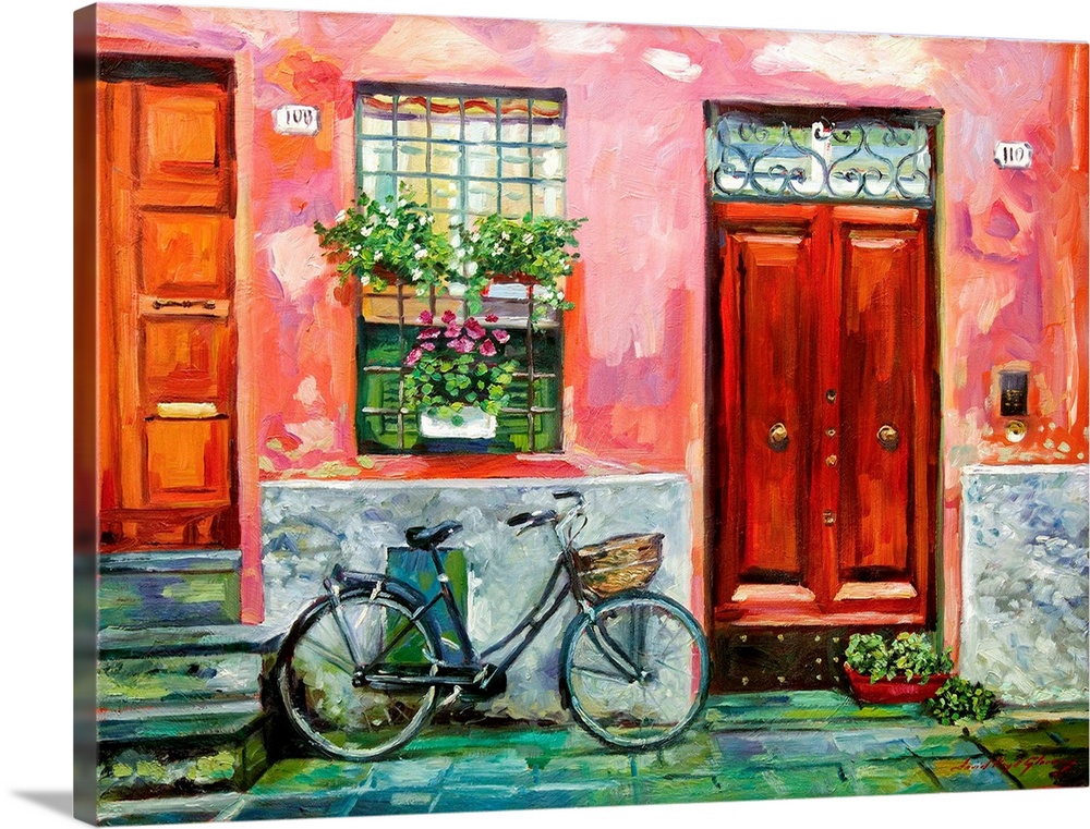 A bicycle leaning against a red wall with a red door.