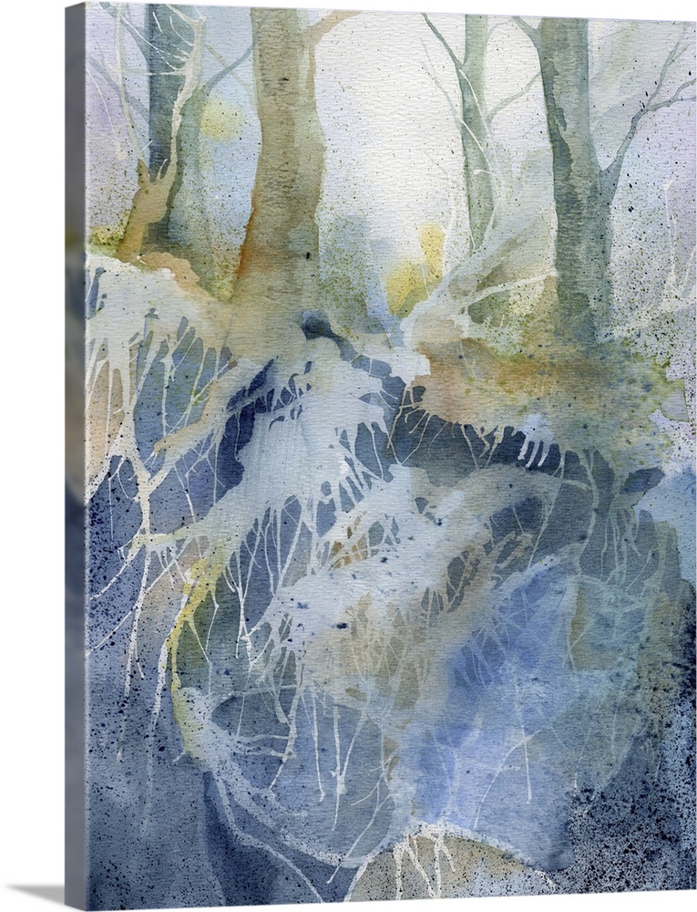 Watercolor painting of a forest in shades of blue and green.