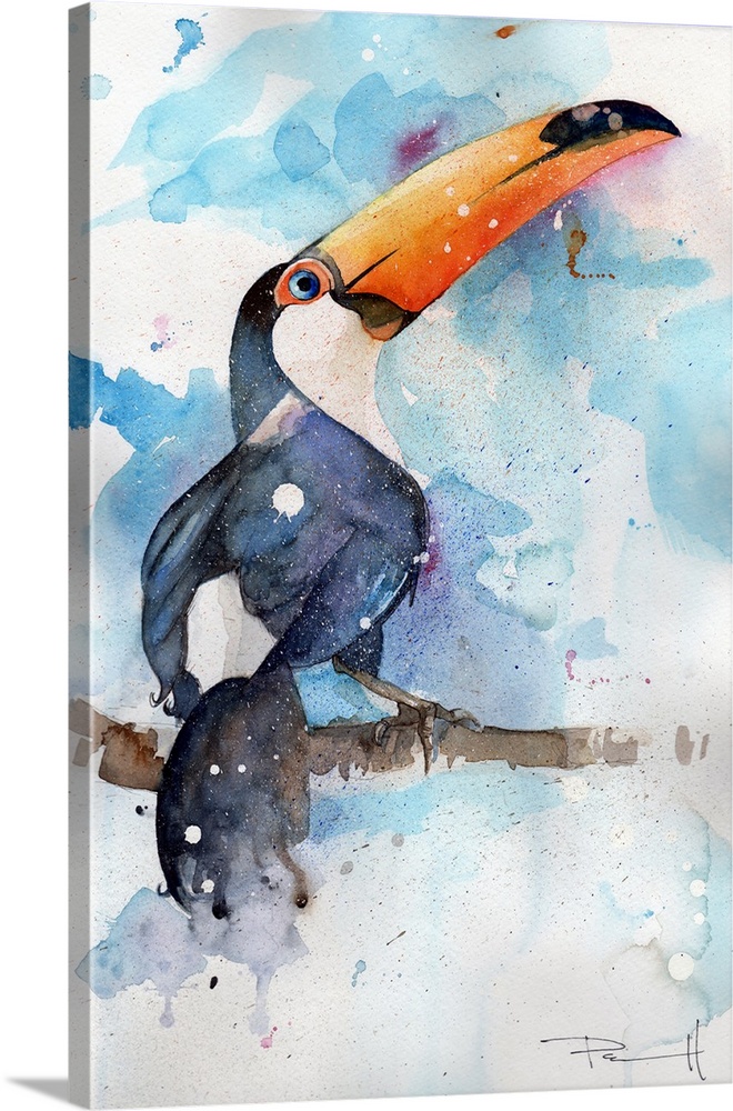 Watercolor painting of a toco toucan on a branch.
