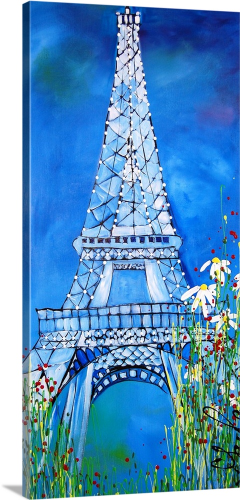 Watercolor painting of the Eiffel Tower, framed by flowers.