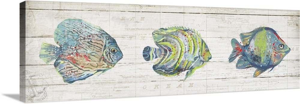 Creative artwork of a row of three colorful fish with red speckled paint, on a faded neutral colored map.