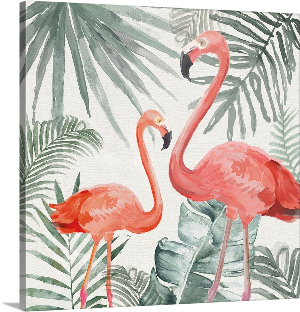 Flamingos With Tropical Leaves