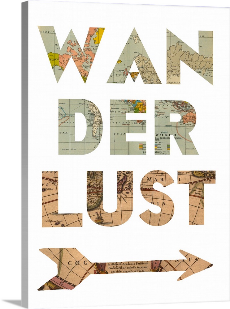 The word "wanderlust" and an arrow shape made from a vintage map.