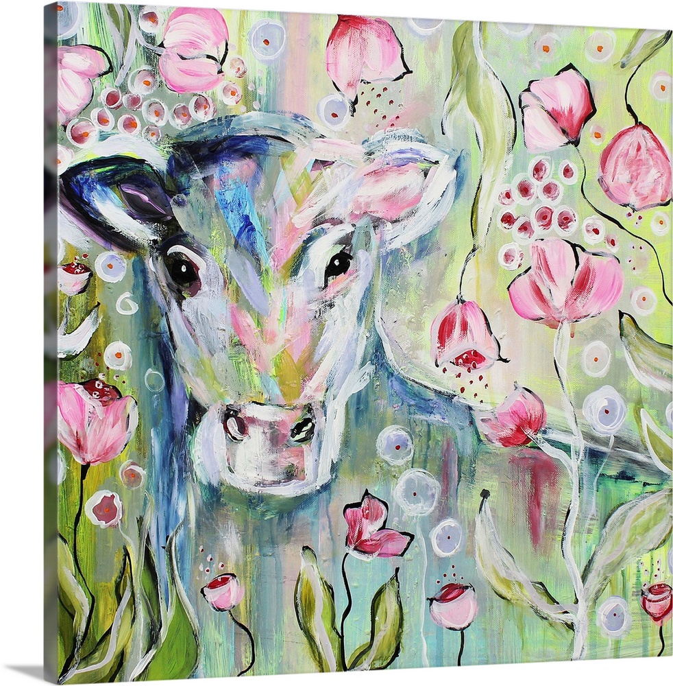 Painting of a calf hiding among pink flowers.