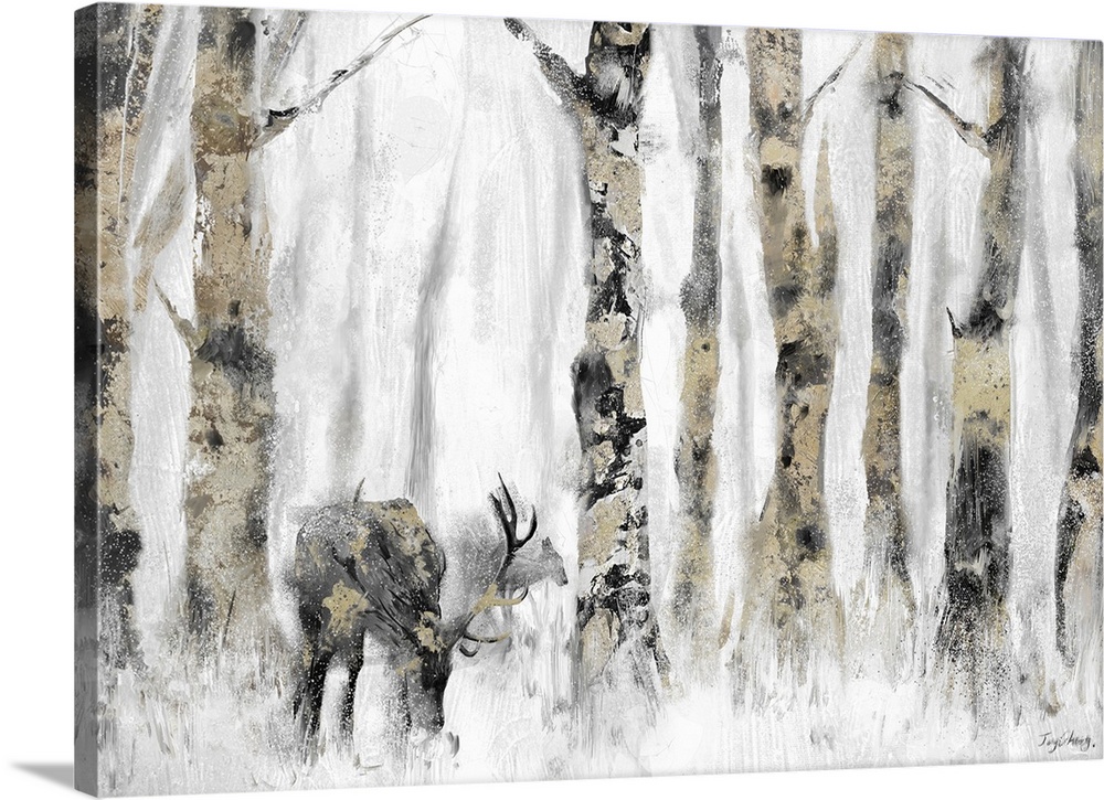 Contemporary painting of deer in a forest of gray and gold which fade in the distance.