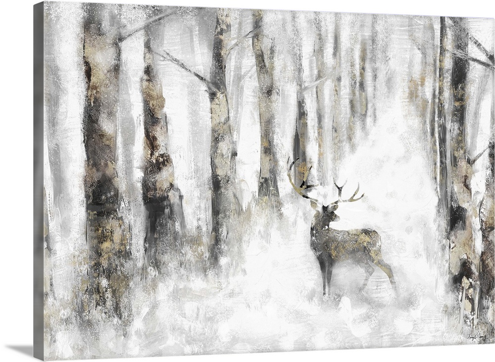 Contemporary painting of deer in a forest of gray and gold which fade in the distance.