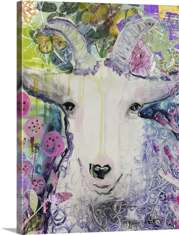 Watercolor portrait of a white goat surrounded by flowers.